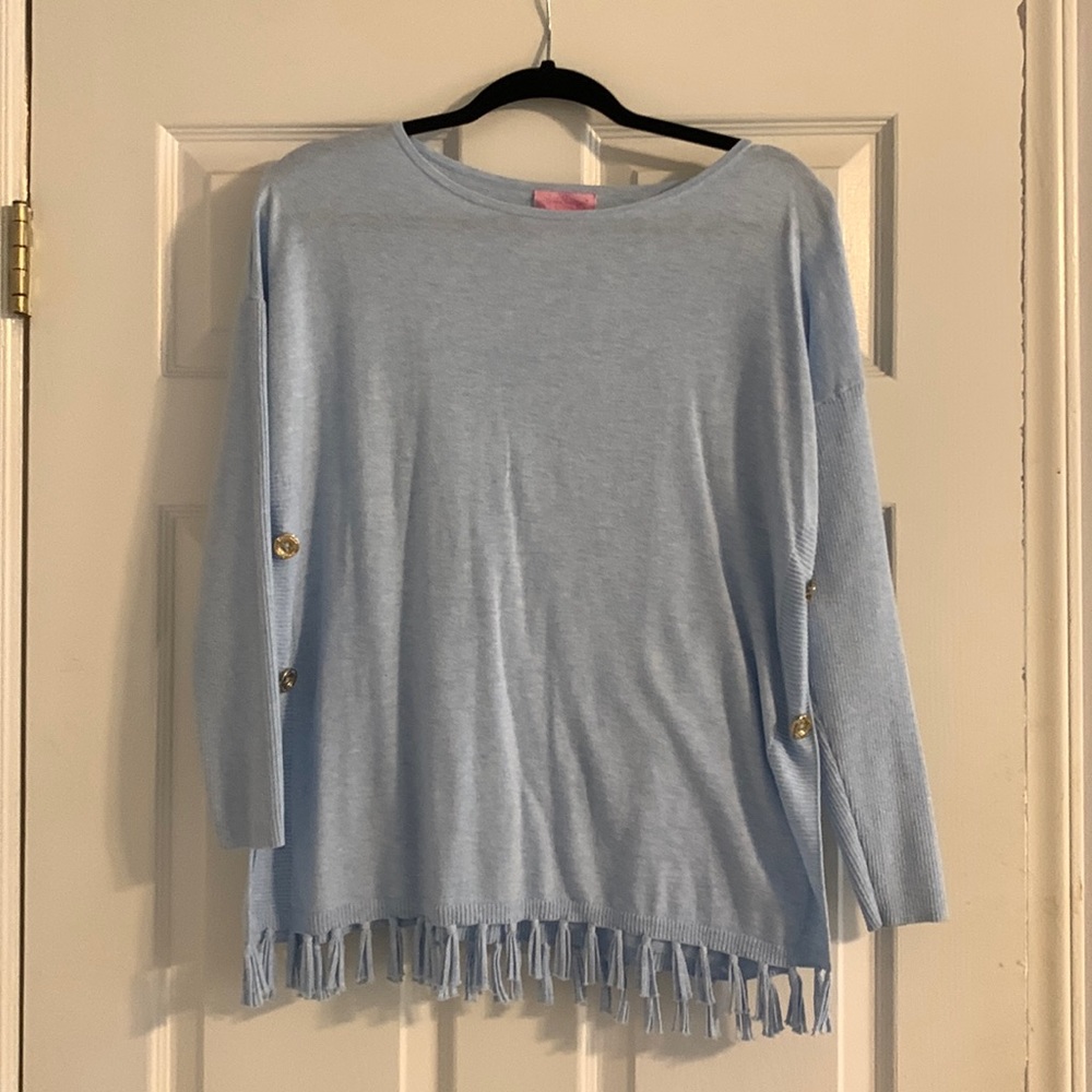 Blue Lilly Pulitzer sweater with fringe bottom